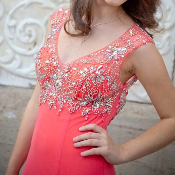 Heavily Beaded Coral Dress Formal, Pageant, Appearance - Picture 9 of 10